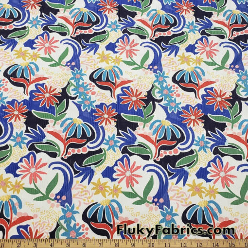 Abstract Flowers on Ivory Ribbed Swimsuit Spandex Fabric 46″ Wide