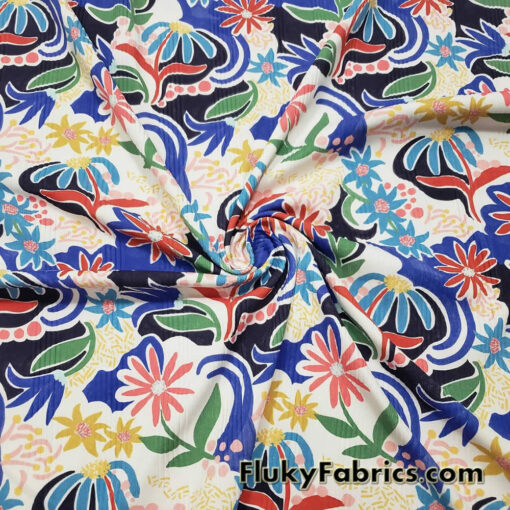 Abstract Flowers on Ivory Ribbed Swimsuit Spandex Fabric 46″ Wide