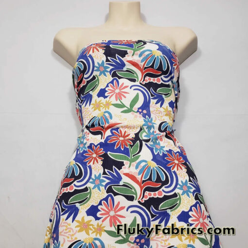 Abstract Flowers on Ivory Ribbed Swimsuit Spandex Fabric 46″ Wide