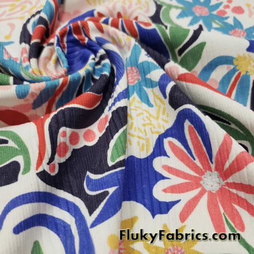 Abstract Flowers on Ivory Ribbed Swimsuit Spandex Fabric 46″ Wide
