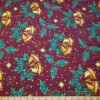Christmas Bells and Holly Mistletoe with Gold Metallic Stars and Dots Poly Cotton Woven Fabric by the Yard at flukyfabrics.com