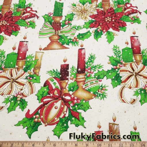 Christmas Candles, Poinsettias, Mistletoes with Gold Metallic Stars and Dots Poly Cotton Woven Fabric