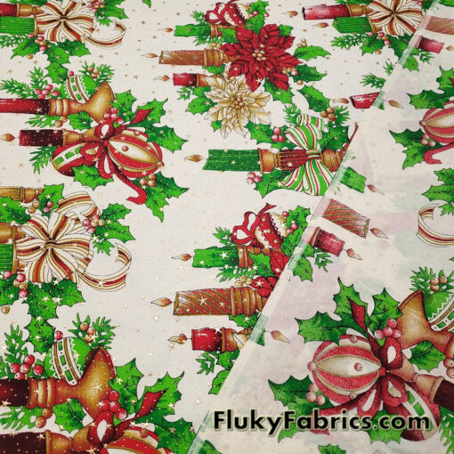 Christmas Candles, Poinsettias, Mistletoes with Gold Metallic Stars and Dots Poly Cotton Woven Fabric
