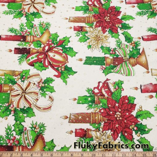 Christmas Candles, Poinsettias, Mistletoes with Gold Metallic Stars and Dots Poly Cotton Woven Fabric