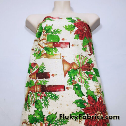 Christmas Candles, Poinsettias, Mistletoes with Gold Metallic Stars and Dots Poly Cotton Woven Fabric