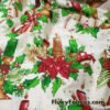 Christmas Candles, Poinsettias, Mistletoes with Gold Metallic Stars and Dots Poly Cotton Woven Fabric