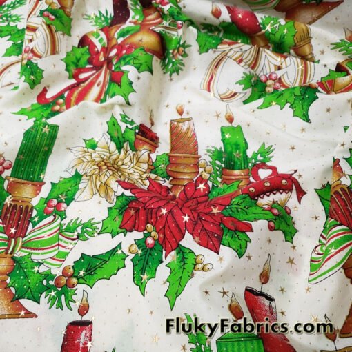 Christmas Candles, Poinsettias, Mistletoes with Gold Metallic Stars and Dots Poly Cotton Woven Fabric