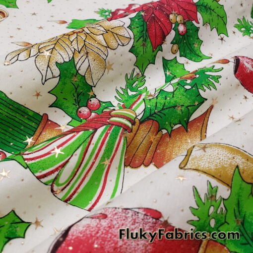 Christmas Candles, Poinsettias, Mistletoes with Gold Metallic Stars and Dots Poly Cotton Woven Fabric
