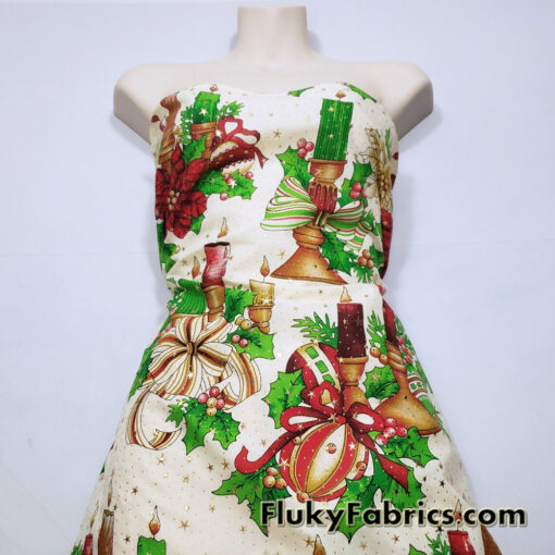 Christmas Candles, Poinsettias, Mistletoes with Gold Metallic Stars and Dots Poly Cotton Woven Fabric
