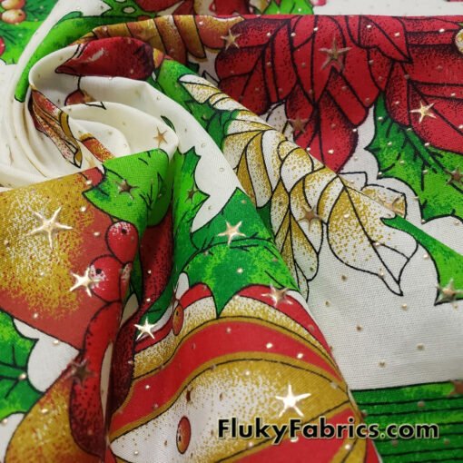 Christmas Candles, Poinsettias, Mistletoes with Gold Metallic Stars and Dots Poly Cotton Woven Fabric