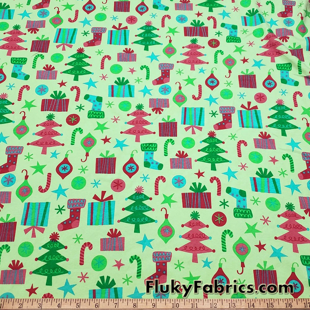 Christmas Time Print Cotton Rib Knit Fabric by The Yard 