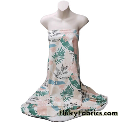 Desaturated Pastel Tropical Foliage Print Nylon Spandex Fabric
