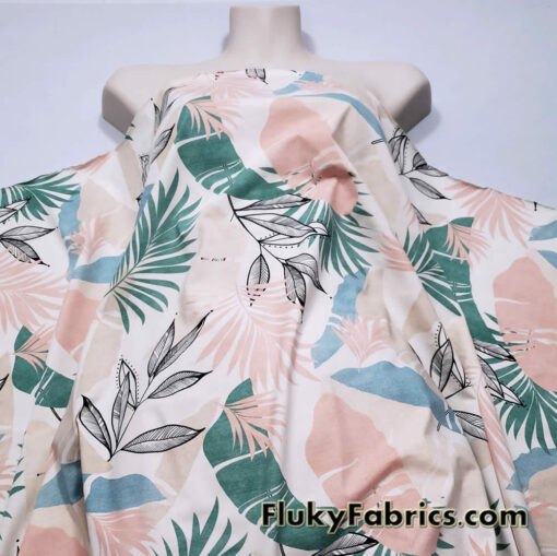 Desaturated Pastel Tropical Foliage Print Nylon Spandex Fabric