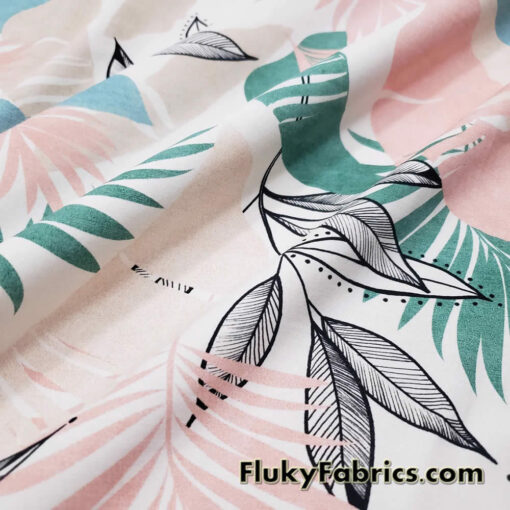 Desaturated Pastel Tropical Foliage Print Nylon Spandex Fabric