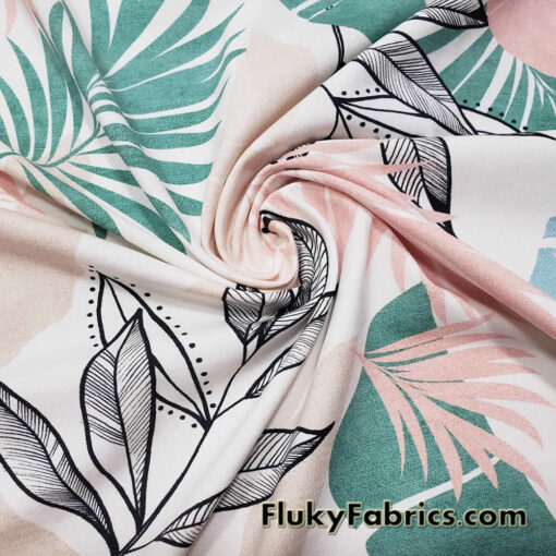 Desaturated Pastel Tropical Foliage Print Nylon Spandex Fabric