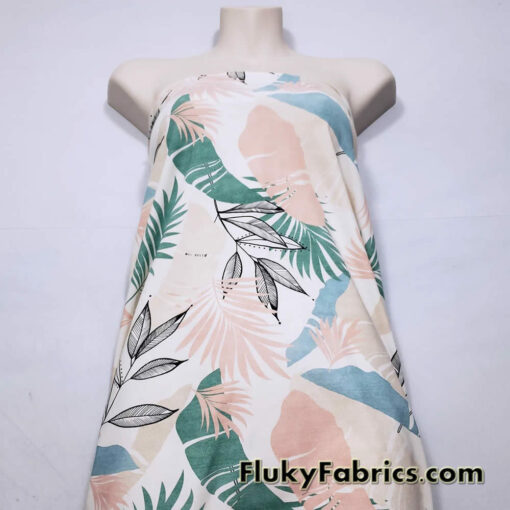 Desaturated Pastel Tropical Foliage Print Nylon Spandex Fabric