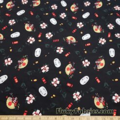 Famous Japanese Cartoon Face Mask, Flowers and Fans on Lightweight Cotton Spandex Jersey Knit Fabric by the Yard at flukyfabrics.com
