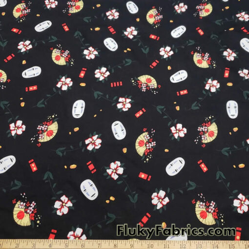 Famous Japanese Cartoon, Kaonashi, No-Face Mask, Flowers and Fans on Lightweight Cotton Spandex Jersey Knit Fabric
