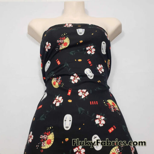 Famous Japanese Cartoon, Kaonashi, No-Face Mask, Flowers and Fans on Lightweight Cotton Spandex Jersey Knit Fabric