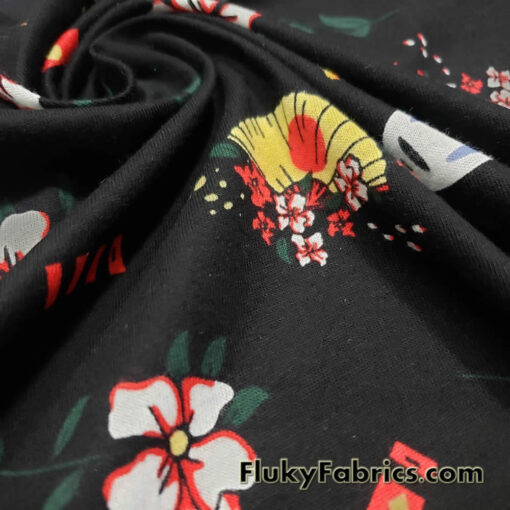 Famous Japanese Cartoon, Kaonashi, No-Face Mask, Flowers and Fans on Lightweight Cotton Spandex Jersey Knit Fabric