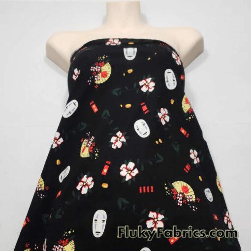 Famous Japanese Cartoon, Kaonashi, No-Face Mask, Flowers and Fans on Lightweight Cotton Spandex Jersey Knit Fabric