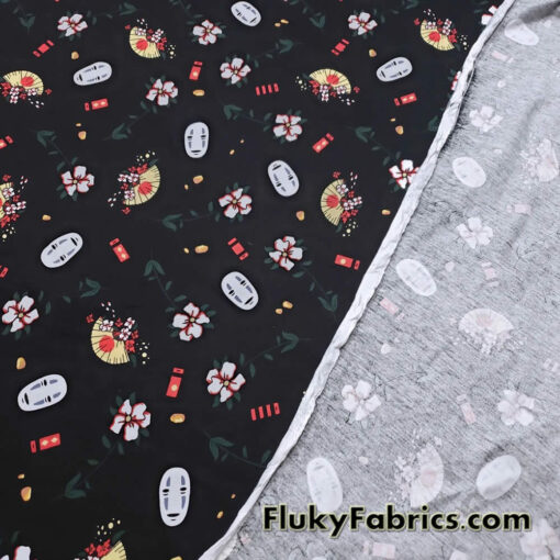 Famous Japanese Cartoon, Kaonashi, No-Face Mask, Flowers and Fans on Lightweight Cotton Spandex Jersey Knit Fabric