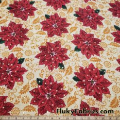 Red Poinsettias and Mustard Foliage with Gold Metallic Stars and Dots Christmas Print on Light Yellow Poly Cotton Woven Fabric by the Yard at flukyfabrics.com