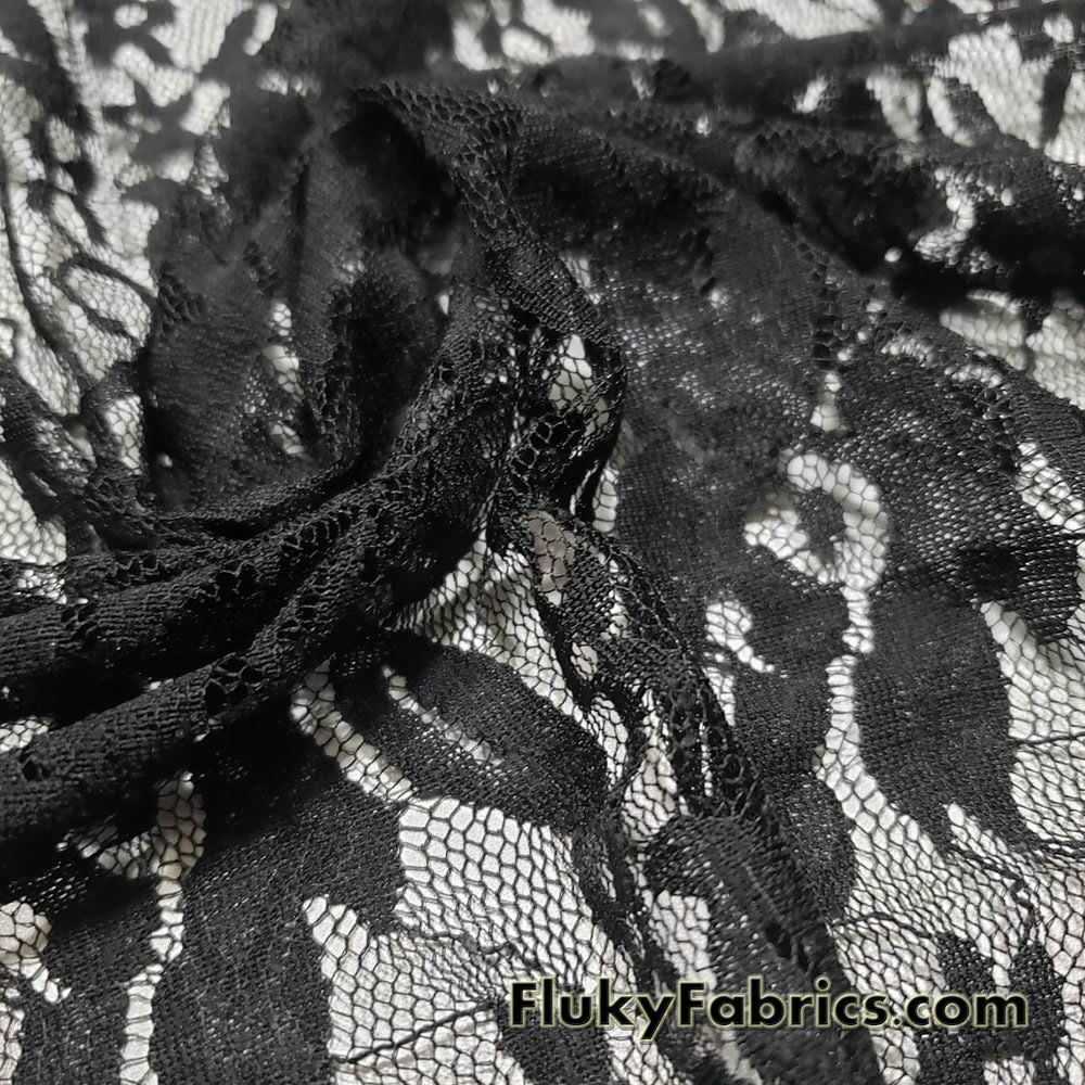 Floral Pattern on Black Stretch Lace Fabric by The Yard 