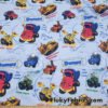 Cartoon Construction Trucks on Blue Cotton Rib Fabric by the Yard at flukyfabrics.com