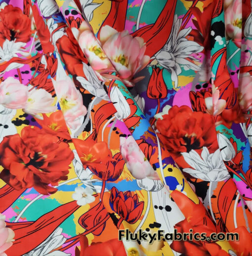 Colorful Flower Mix Print Swimsuit Fabric with 4-Way Stretch for Swimwear and Apparel