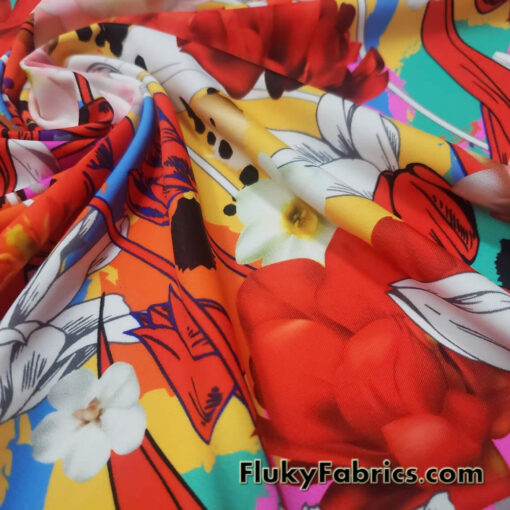Colorful Flower Mix Print Swimsuit Fabric with 4-Way Stretch for Swimwear and Apparel