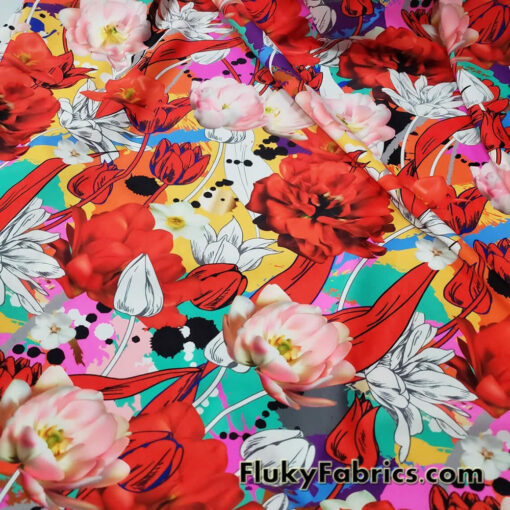 Colorful Flower Mix Print Swimsuit Fabric with 4-Way Stretch for Swimwear and Apparel