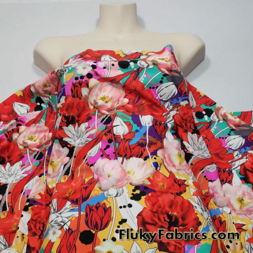 Colorful Flower Mix Print Swimsuit Fabric with 4-Way Stretch for Swimwear and Apparel