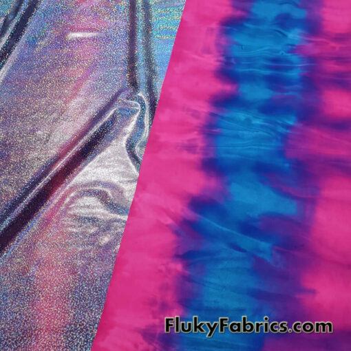 Cotton Candy Pink and Blue Tie Dye with Holographic Metallic Mystique Foggy Foil Nylon Spandex