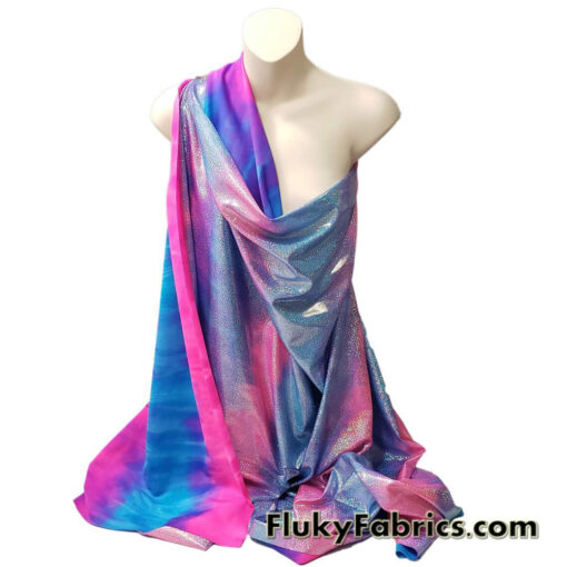 Cotton Candy Pink and Blue Tie Dye with Holographic Metallic Mystique Foggy Foil Nylon Spandex