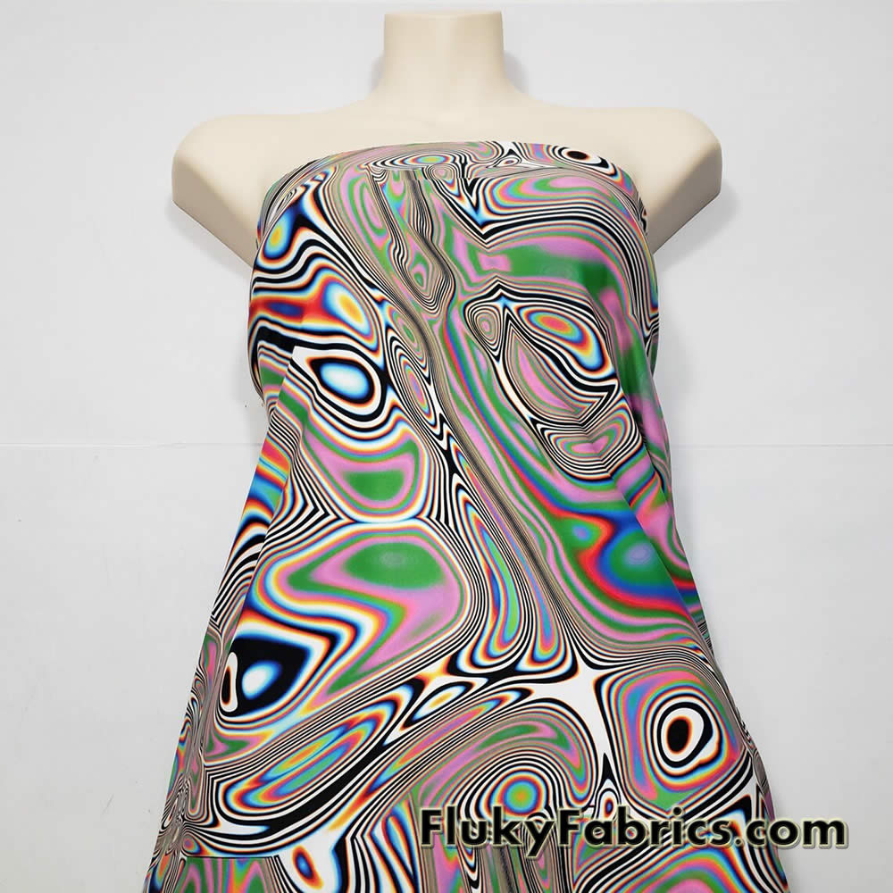 Psychedelic Oily Swirls Abstract Print Nylon Spandex Fabric by The