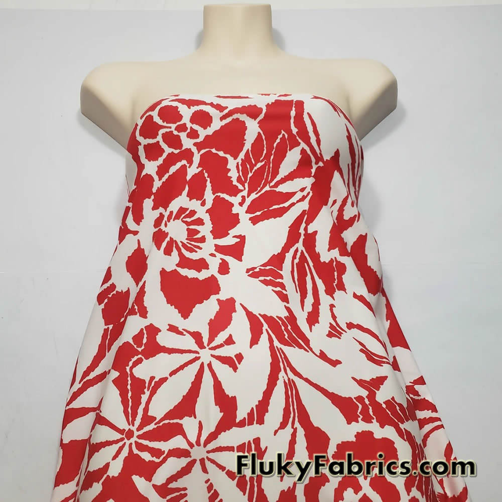 Red and White Silhouette Abstract Floral Print Nylon Spandex Fabric