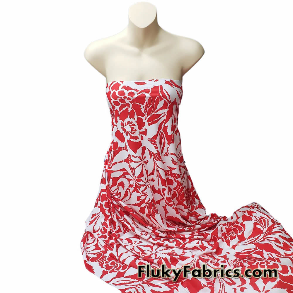 Red and White Silhouette Abstract Floral Print Nylon Spandex
