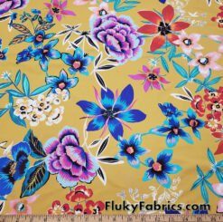 Assorted Painted Flowers Mix Nylon Spandex on Mustardy Yellow by the yard at flukyfabrics.com