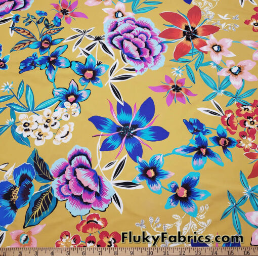 Assorted Painted Flowers Mix on Mustardy Yellow Nylon Spandex