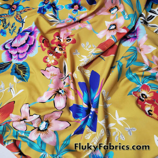 Assorted Painted Flowers Mix on Mustardy Yellow Nylon Spandex