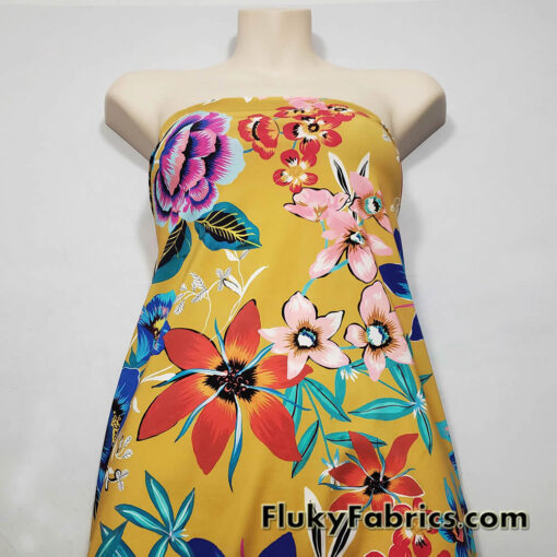 Assorted Painted Flowers Mix on Mustardy Yellow Nylon Spandex