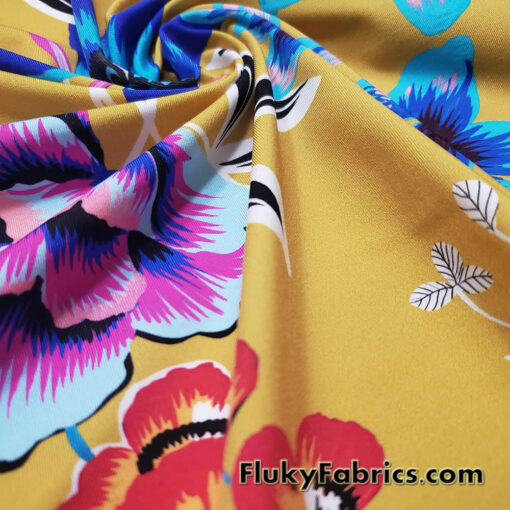 Assorted Painted Flowers Mix on Mustardy Yellow Nylon Spandex