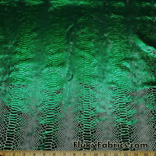 Emerald Green Metallic Exotic Dragon Scales Foil on Olive Green Crushed Ice Velvet 4-Way Stretch Fabric