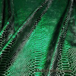 Emerald Green Metallic Exotic Dragon Scales Foil on Olive Green Crushed Ice Velvet 4-Way Stretch Fabric