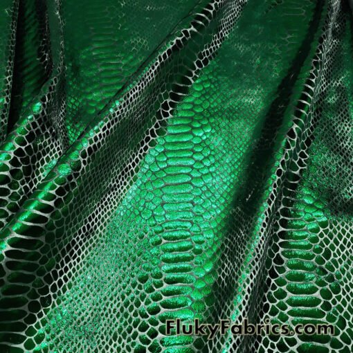 Emerald Green Metallic Exotic Dragon Scales Foil on Olive Green Crushed Ice Velvet 4-Way Stretch Fabric