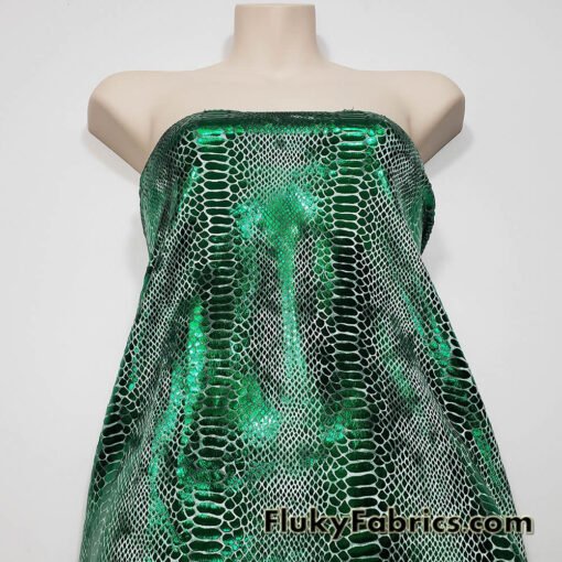 Emerald Green Metallic Exotic Dragon Scales Foil on Olive Green Crushed Ice Velvet 4-Way Stretch Fabric
