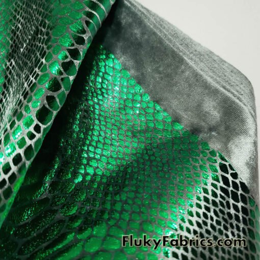 Emerald Green Metallic Exotic Dragon Scales Foil on Olive Green Crushed Ice Velvet 4-Way Stretch Fabric
