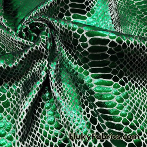 Emerald Green Metallic Exotic Dragon Scales Foil on Olive Green Crushed Ice Velvet 4-Way Stretch Fabric