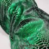 Emerald Green Metallic Exotic Dragon Scales Foil on Olive Green Crushed Ice Velvet 4-Way Stretch Fabric